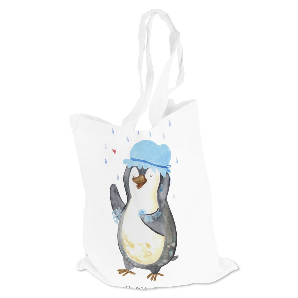 Tragetasche Pinguin duscht Beuteltasche, Beutel, Einkaufstasche, Jutebeutel, Stoffbeutel, Pinguin, Pinguine, Dusche, duschen, Lebensmotto, Motivation, Neustart, Neuanfang, glücklich sein