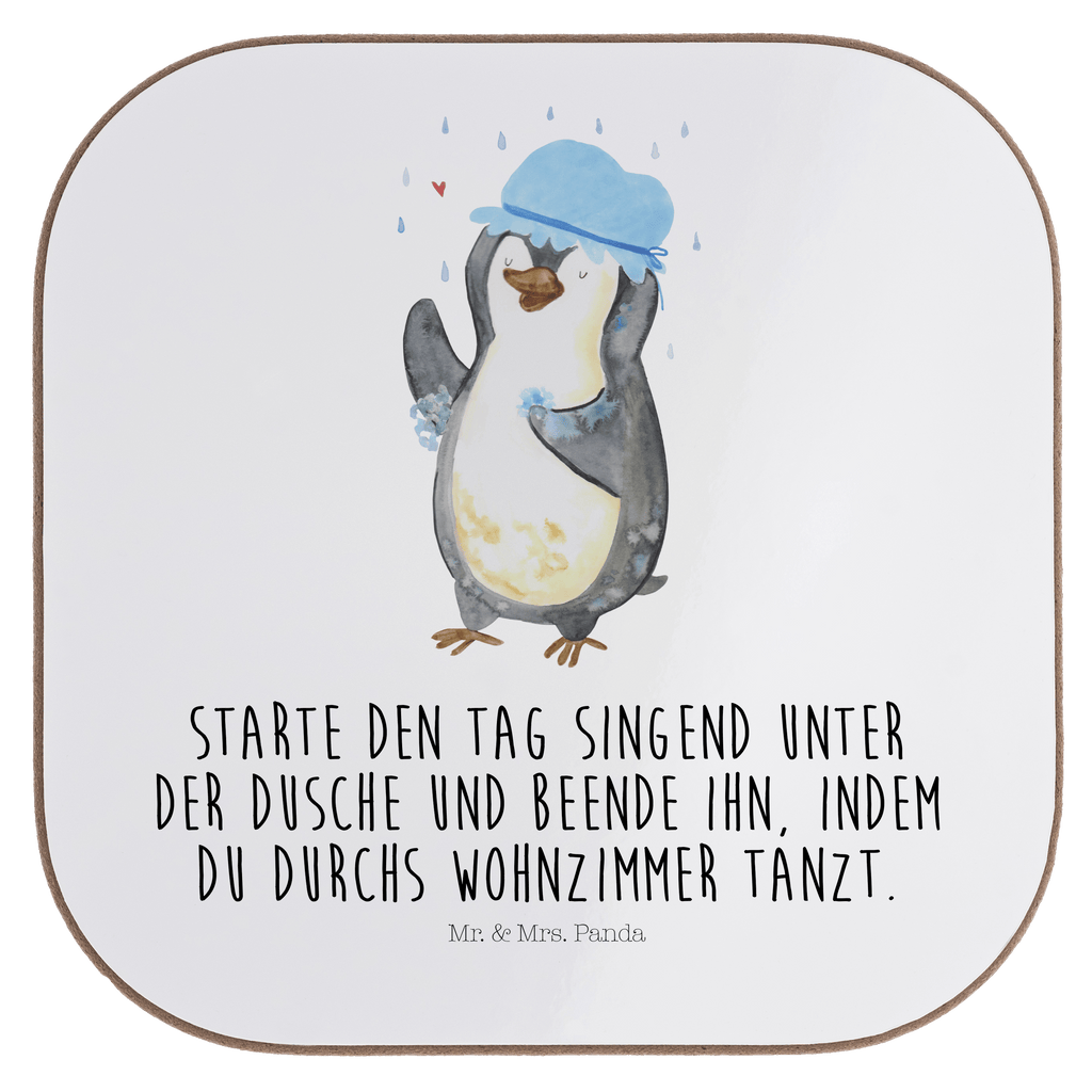 Quadratische Untersetzer Pinguin duscht Bierdeckel, Glasuntersetzer, Untersetzer Gläser, Getränkeuntersetzer, Pinguin, Pinguine, Dusche, duschen, Lebensmotto, Motivation, Neustart, Neuanfang, glücklich sein