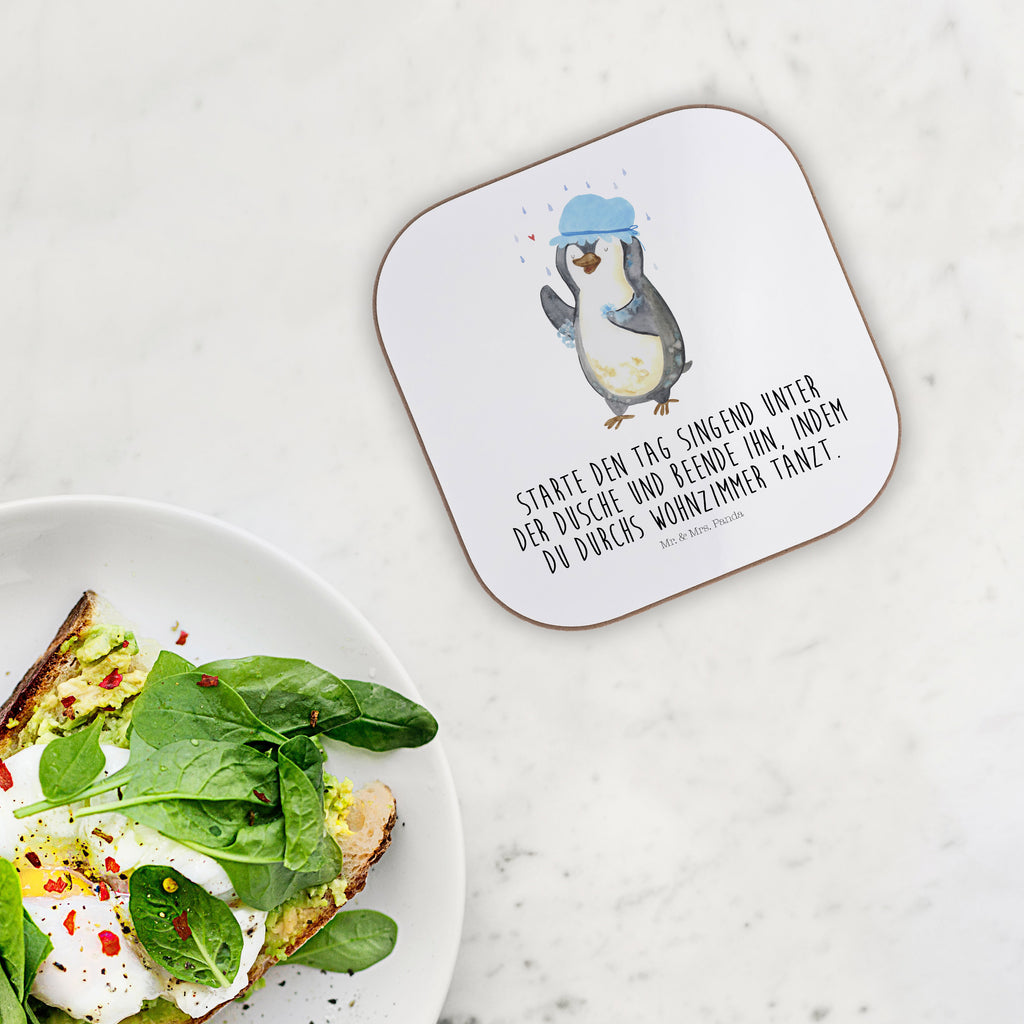Quadratische Untersetzer Pinguin duscht Bierdeckel, Glasuntersetzer, Untersetzer Gläser, Getränkeuntersetzer, Pinguin, Pinguine, Dusche, duschen, Lebensmotto, Motivation, Neustart, Neuanfang, glücklich sein