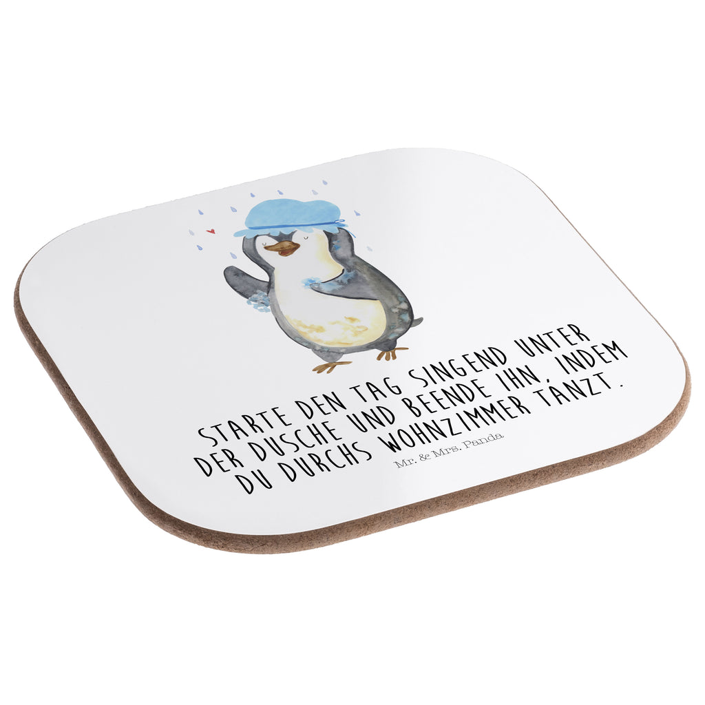 Quadratische Untersetzer Pinguin duscht Bierdeckel, Glasuntersetzer, Untersetzer Gläser, Getränkeuntersetzer, Pinguin, Pinguine, Dusche, duschen, Lebensmotto, Motivation, Neustart, Neuanfang, glücklich sein