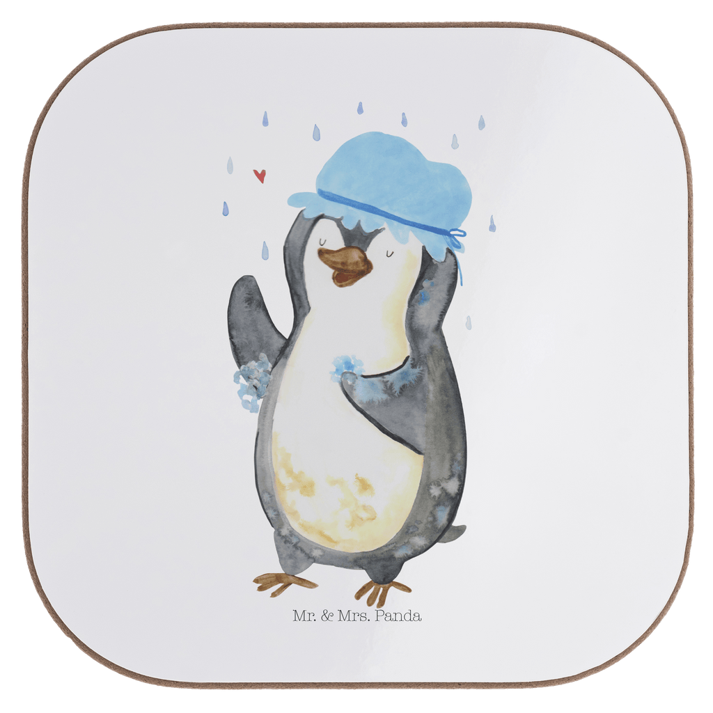 Quadratische Untersetzer Pinguin duscht Bierdeckel, Glasuntersetzer, Untersetzer Gläser, Getränkeuntersetzer, Pinguin, Pinguine, Dusche, duschen, Lebensmotto, Motivation, Neustart, Neuanfang, glücklich sein