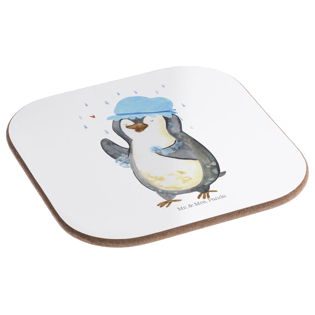 Quadratische Untersetzer Pinguin duscht Bierdeckel, Glasuntersetzer, Untersetzer Gläser, Getränkeuntersetzer, Pinguin, Pinguine, Dusche, duschen, Lebensmotto, Motivation, Neustart, Neuanfang, glücklich sein