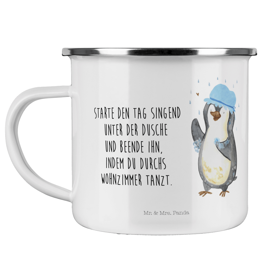 Camping Emaille Tasse Pinguin duscht Campingtasse, Trinkbecher, Metalltasse, Outdoor Tasse, Emaille Trinkbecher, Blechtasse Outdoor, Emaille Campingbecher, Edelstahl Trinkbecher, Metalltasse für Camping, Kaffee Blechtasse, Camping Tasse Metall, Pinguin, Pinguine, Dusche, duschen, Lebensmotto, Motivation, Neustart, Neuanfang, glücklich sein