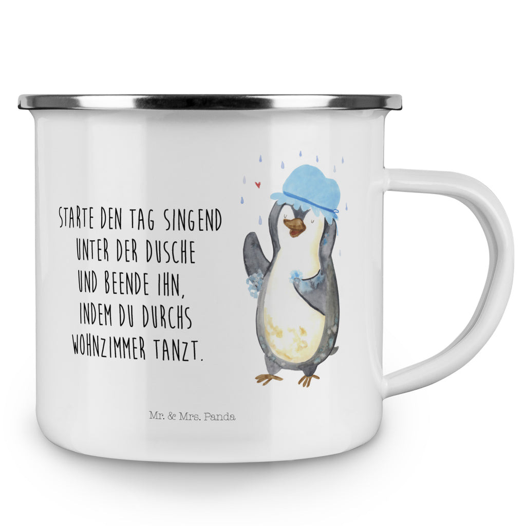 Camping Emaille Tasse Pinguin duscht Campingtasse, Trinkbecher, Metalltasse, Outdoor Tasse, Emaille Trinkbecher, Blechtasse Outdoor, Emaille Campingbecher, Edelstahl Trinkbecher, Metalltasse für Camping, Kaffee Blechtasse, Camping Tasse Metall, Pinguin, Pinguine, Dusche, duschen, Lebensmotto, Motivation, Neustart, Neuanfang, glücklich sein