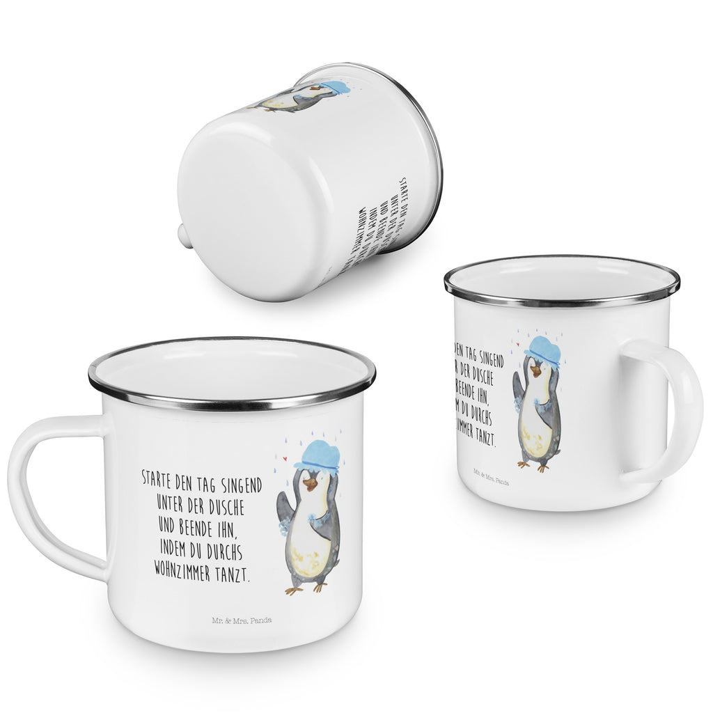 Camping Emaille Tasse Pinguin duscht Campingtasse, Trinkbecher, Metalltasse, Outdoor Tasse, Emaille Trinkbecher, Blechtasse Outdoor, Emaille Campingbecher, Edelstahl Trinkbecher, Metalltasse für Camping, Kaffee Blechtasse, Camping Tasse Metall, Pinguin, Pinguine, Dusche, duschen, Lebensmotto, Motivation, Neustart, Neuanfang, glücklich sein