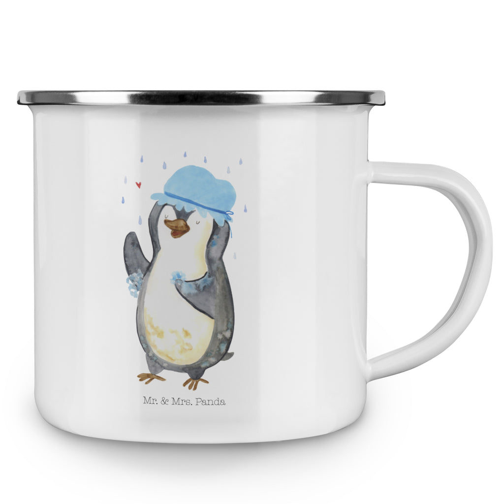 Camping Emaille Tasse Pinguin duscht Campingtasse, Trinkbecher, Metalltasse, Outdoor Tasse, Emaille Trinkbecher, Blechtasse Outdoor, Emaille Campingbecher, Edelstahl Trinkbecher, Metalltasse für Camping, Kaffee Blechtasse, Camping Tasse Metall, Pinguin, Pinguine, Dusche, duschen, Lebensmotto, Motivation, Neustart, Neuanfang, glücklich sein
