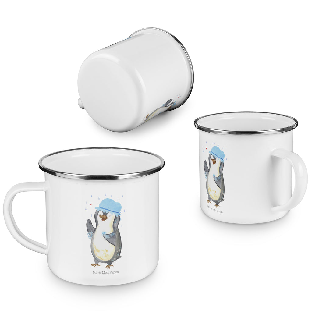 Camping Emaille Tasse Pinguin duscht Campingtasse, Trinkbecher, Metalltasse, Outdoor Tasse, Emaille Trinkbecher, Blechtasse Outdoor, Emaille Campingbecher, Edelstahl Trinkbecher, Metalltasse für Camping, Kaffee Blechtasse, Camping Tasse Metall, Pinguin, Pinguine, Dusche, duschen, Lebensmotto, Motivation, Neustart, Neuanfang, glücklich sein