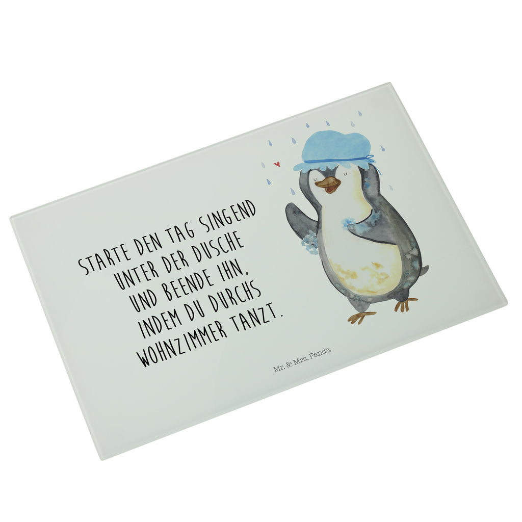 Medium Glas Schneidbrett Pinguin duscht Glasschneidebrett, Schneidebrett, Pinguin, Pinguine, Dusche, duschen, Lebensmotto, Motivation, Neustart, Neuanfang, glücklich sein