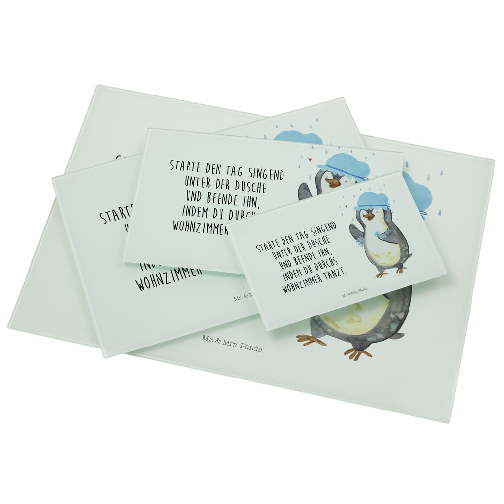 Medium Glas Schneidbrett Pinguin duscht Glasschneidebrett, Schneidebrett, Pinguin, Pinguine, Dusche, duschen, Lebensmotto, Motivation, Neustart, Neuanfang, glücklich sein