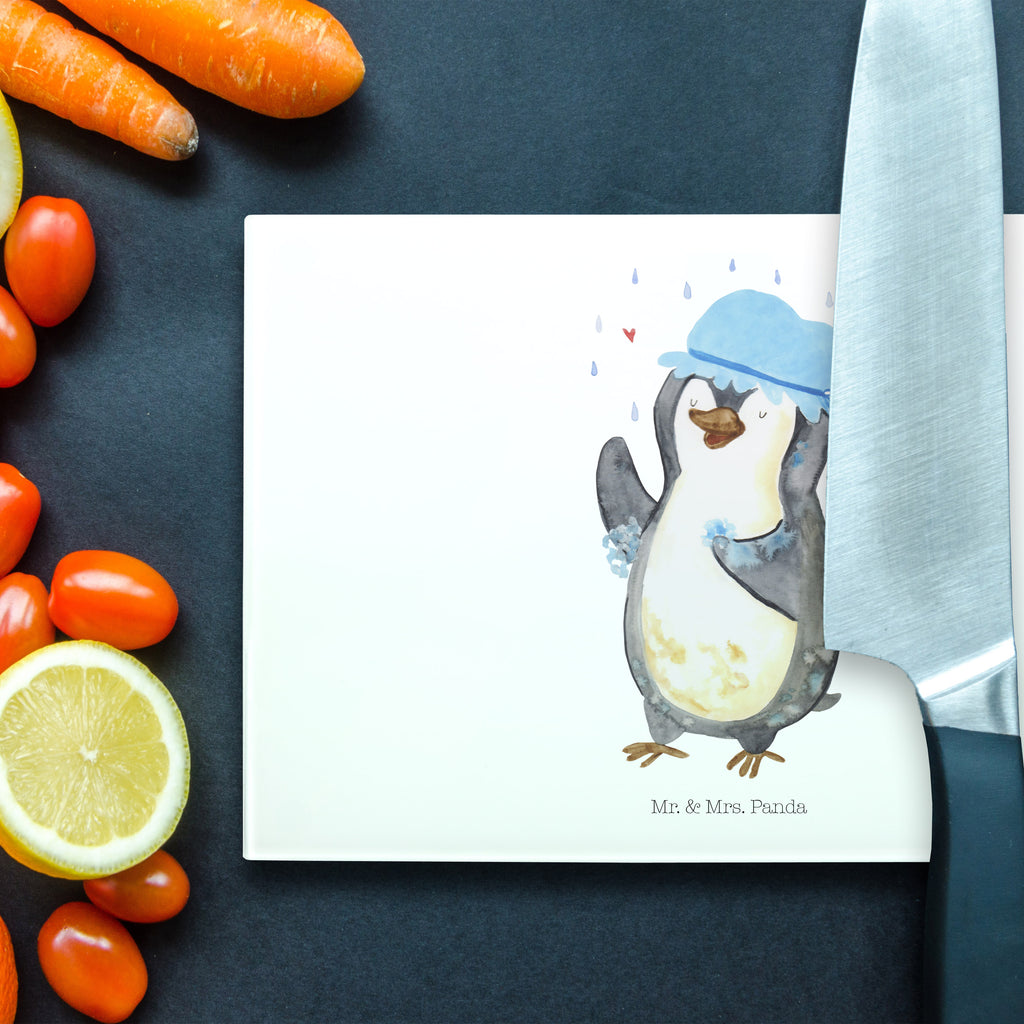 Medium Glas Schneidbrett Pinguin duscht Glasschneidebrett, Schneidebrett, Pinguin, Pinguine, Dusche, duschen, Lebensmotto, Motivation, Neustart, Neuanfang, glücklich sein