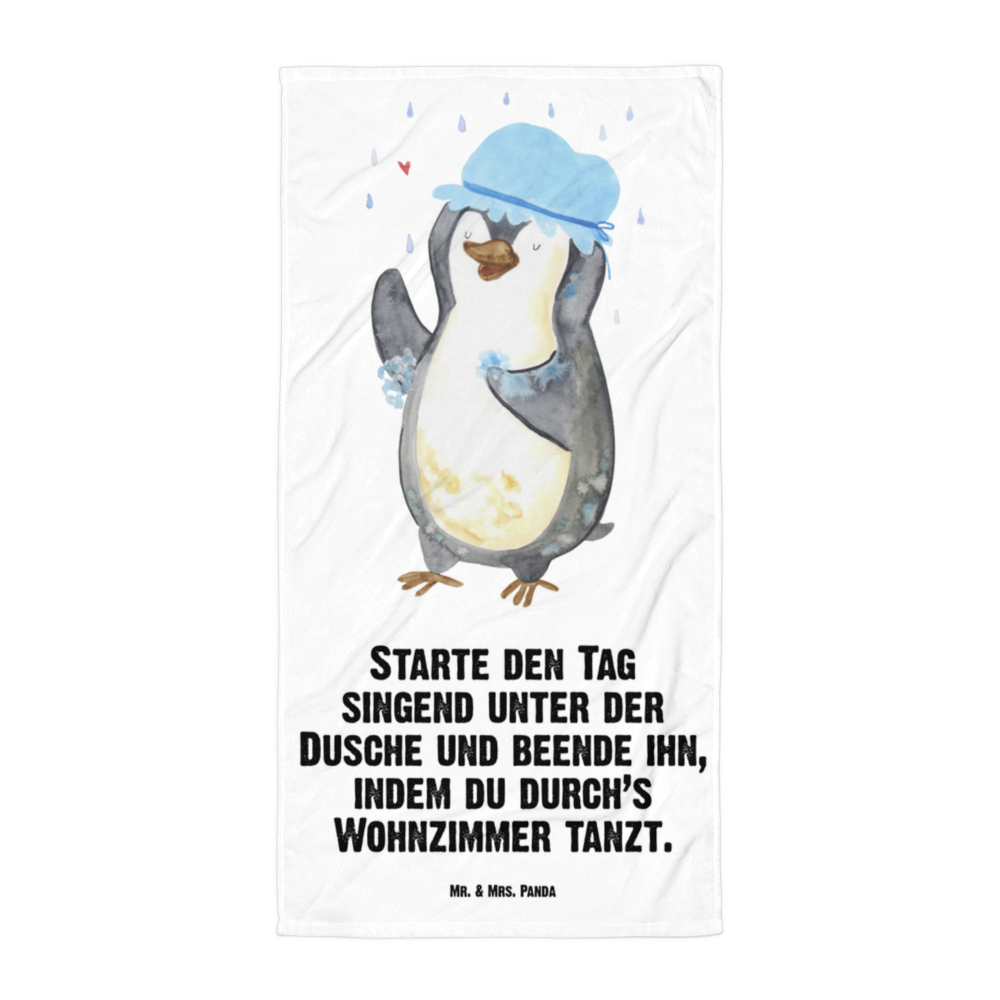 XL Badehandtuch Pinguin duscht Handtuch, Badetuch, Duschtuch, Strandtuch, Saunatuch, Pinguin, Pinguine, Dusche, duschen, Lebensmotto, Motivation, Neustart, Neuanfang, glücklich sein
