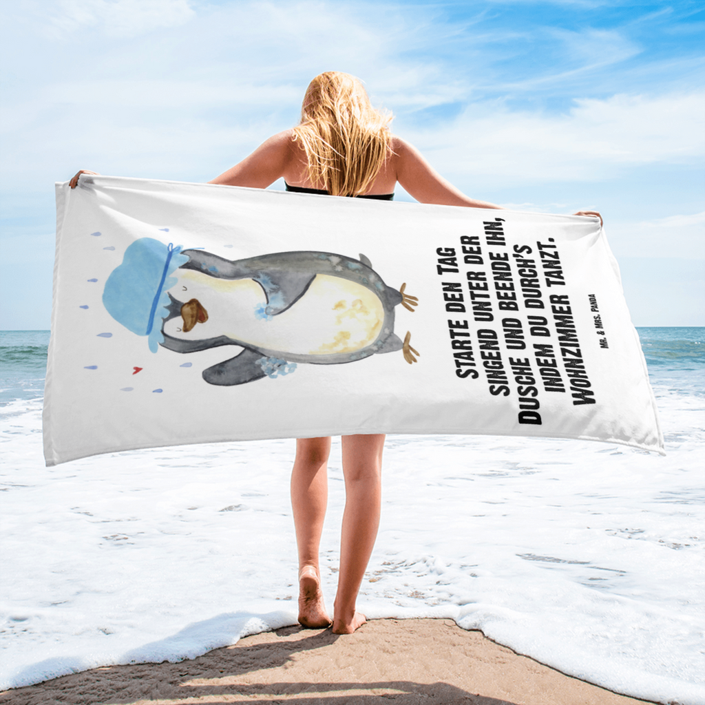 XL Badehandtuch Pinguin duscht Handtuch, Badetuch, Duschtuch, Strandtuch, Saunatuch, Pinguin, Pinguine, Dusche, duschen, Lebensmotto, Motivation, Neustart, Neuanfang, glücklich sein
