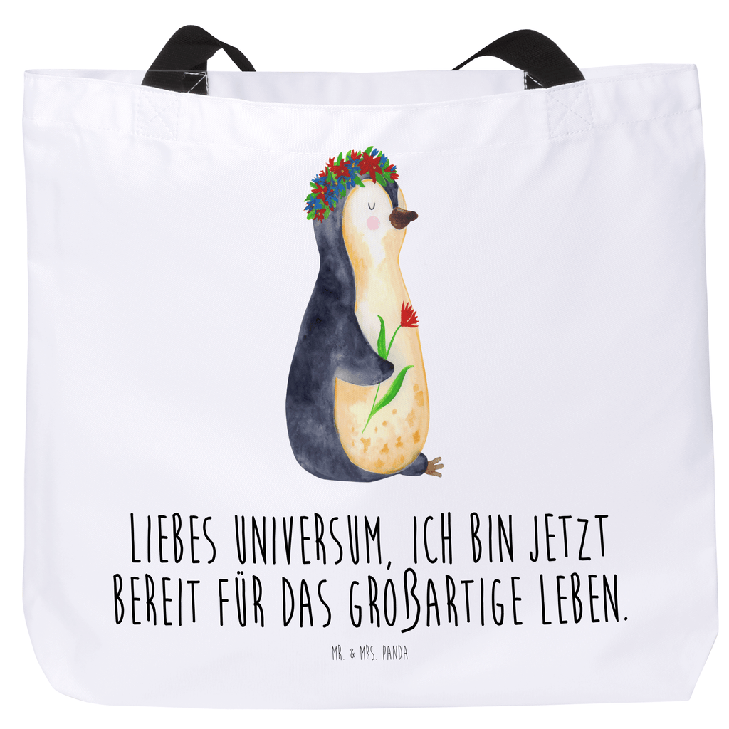 Shopper Pinguin Blumenkranz Beutel, Einkaufstasche, Tasche, Strandtasche, Einkaufsbeutel, Shopper, Schultasche, Freizeittasche, Tragebeutel, Schulbeutel, Alltagstasche, Pinguin, Pinguine, Blumenkranz, Universum, Leben, Wünsche, Ziele, Lebensziele, Motivation, Lebenslust, Liebeskummer, Geschenkidee