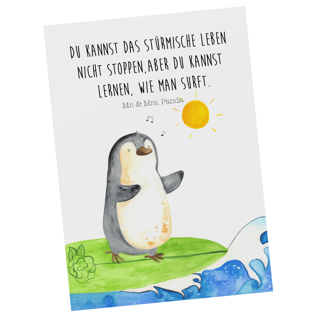 Postkarte Pinguin Surfer Geschenkkarte, Grußkarte, Karte, Einladung, Ansichtskarte, Geburtstagskarte, Einladungskarte, Dankeskarte, Pinguin, Pinguine, surfen, Surfer, Hawaii, Urlaub, Wellen, Wellen reiten, Portugal
