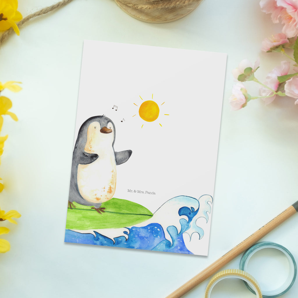 Postkarte Pinguin Surfer Geschenkkarte, Grußkarte, Karte, Einladung, Ansichtskarte, Geburtstagskarte, Einladungskarte, Dankeskarte, Pinguin, Pinguine, surfen, Surfer, Hawaii, Urlaub, Wellen, Wellen reiten, Portugal