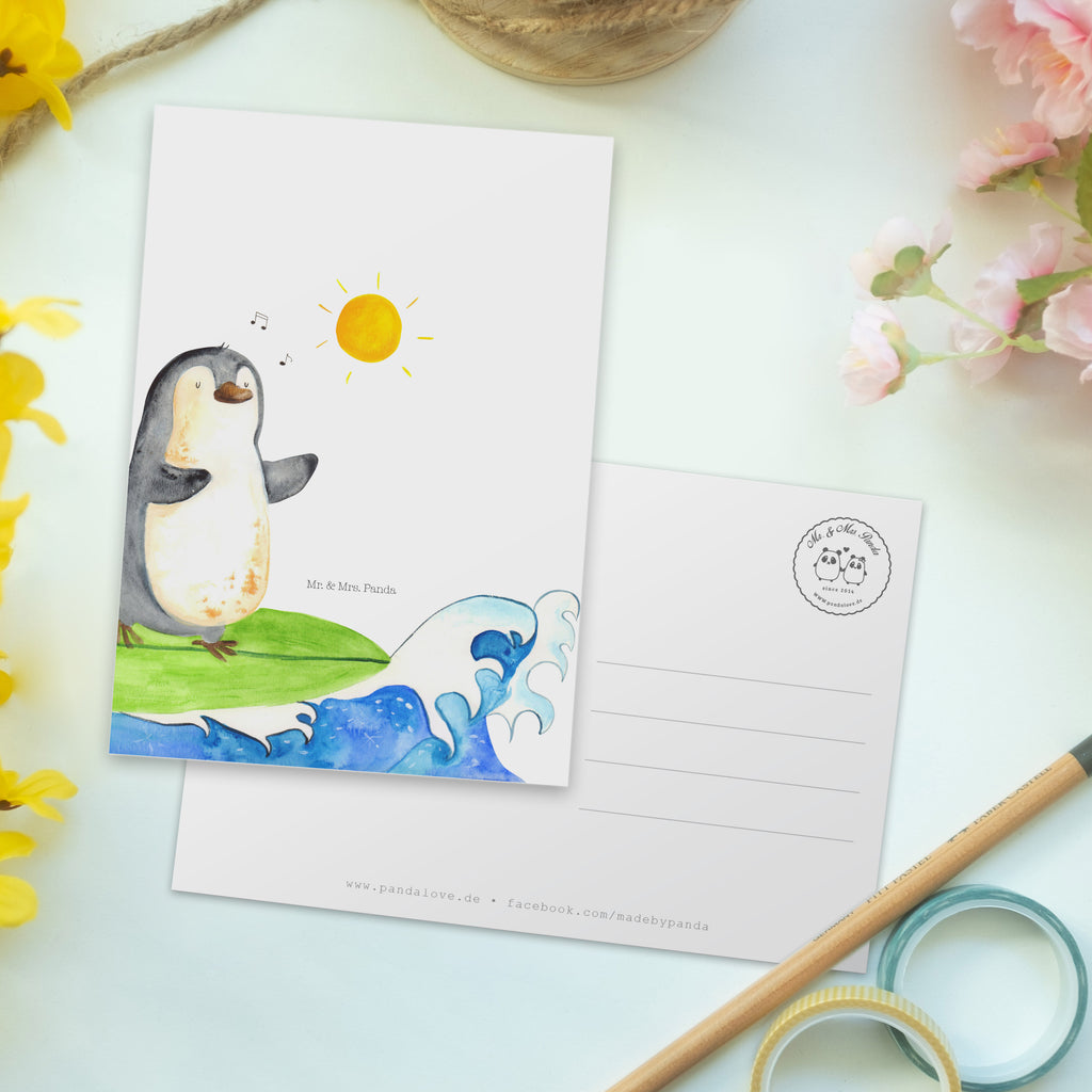 Postkarte Pinguin Surfer Geschenkkarte, Grußkarte, Karte, Einladung, Ansichtskarte, Geburtstagskarte, Einladungskarte, Dankeskarte, Pinguin, Pinguine, surfen, Surfer, Hawaii, Urlaub, Wellen, Wellen reiten, Portugal