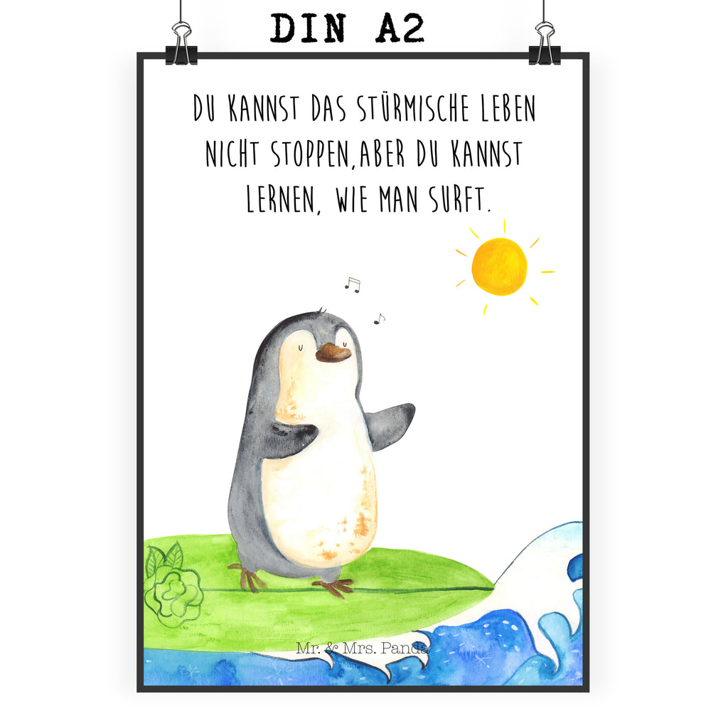 Poster Pinguin Surfer Poster, Wandposter, Bild, Wanddeko, Küchenposter, Kinderposter, Wanddeko Bild, Raumdekoration, Wanddekoration, Handgemaltes Poster, Mr. & Mrs. Panda Poster, Designposter, Kunstdruck, Posterdruck, Pinguin, Pinguine, surfen, Surfer, Hawaii, Urlaub, Wellen, Wellen reiten, Portugal
