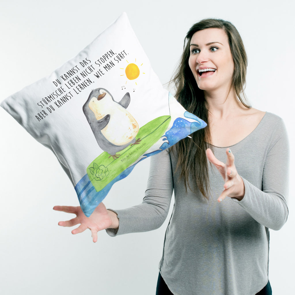 40x40 Kissen Pinguin Surfer Kissenhülle, Kopfkissen, Sofakissen, Dekokissen, Motivkissen, Pinguin, Pinguine, surfen, Surfer, Hawaii, Urlaub, Wellen, Wellen reiten, Portugal