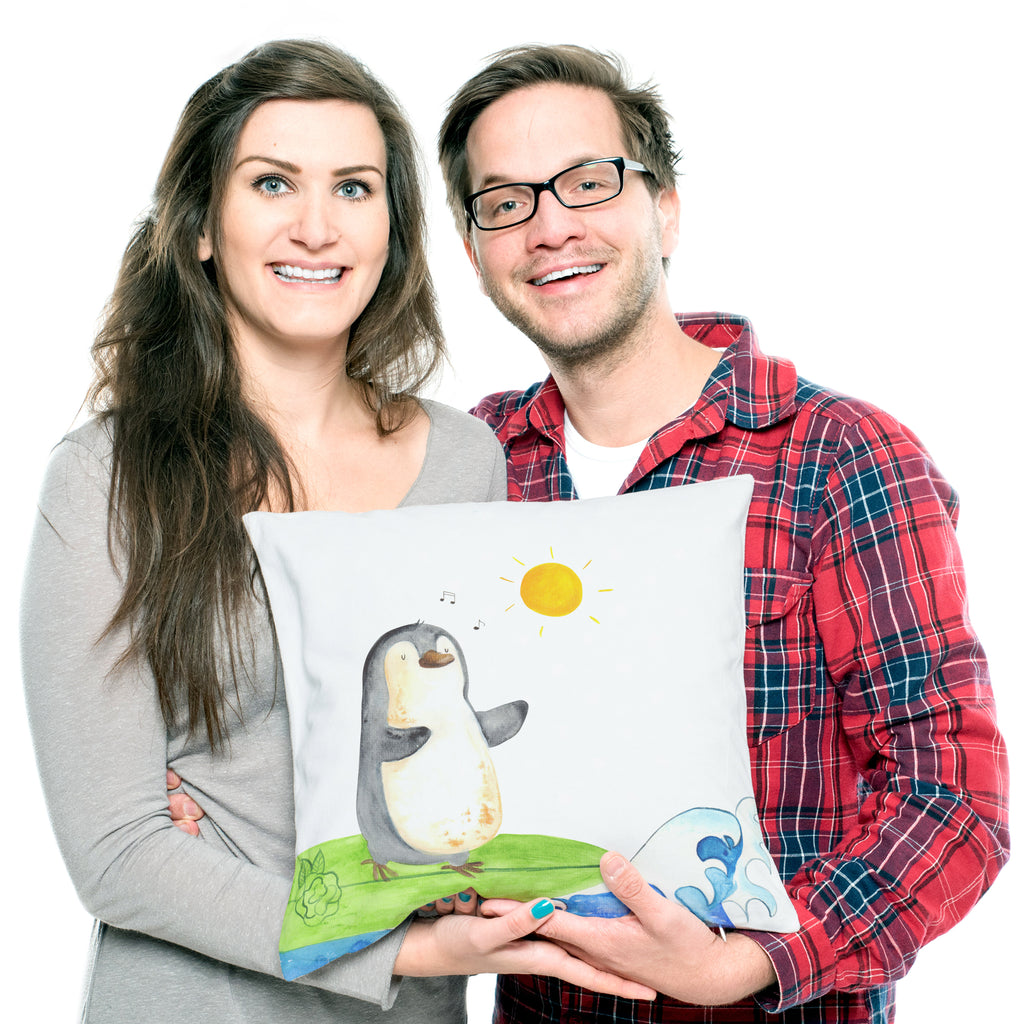 40x40 Kissen Pinguin Surfer Kissenhülle, Kopfkissen, Sofakissen, Dekokissen, Motivkissen, Pinguin, Pinguine, surfen, Surfer, Hawaii, Urlaub, Wellen, Wellen reiten, Portugal