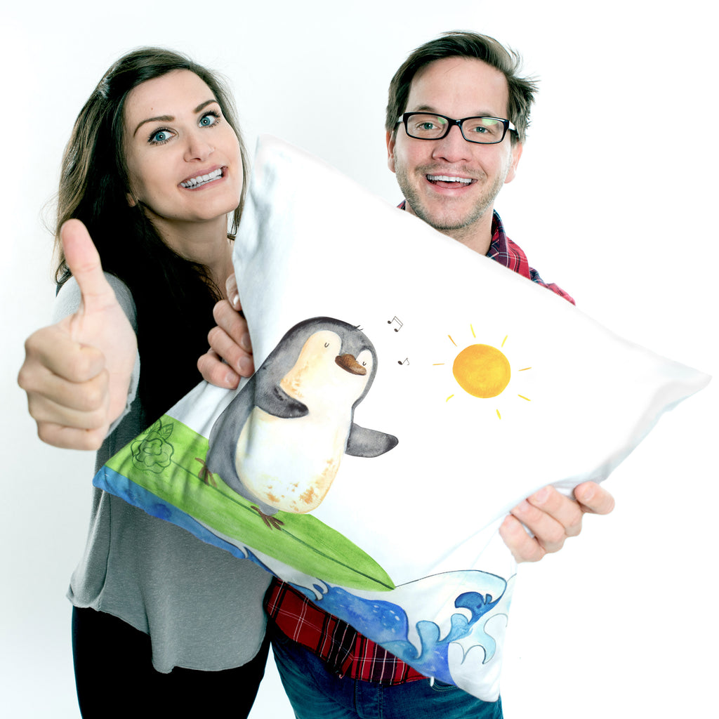 40x40 Kissen Pinguin Surfer Kissenhülle, Kopfkissen, Sofakissen, Dekokissen, Motivkissen, Pinguin, Pinguine, surfen, Surfer, Hawaii, Urlaub, Wellen, Wellen reiten, Portugal