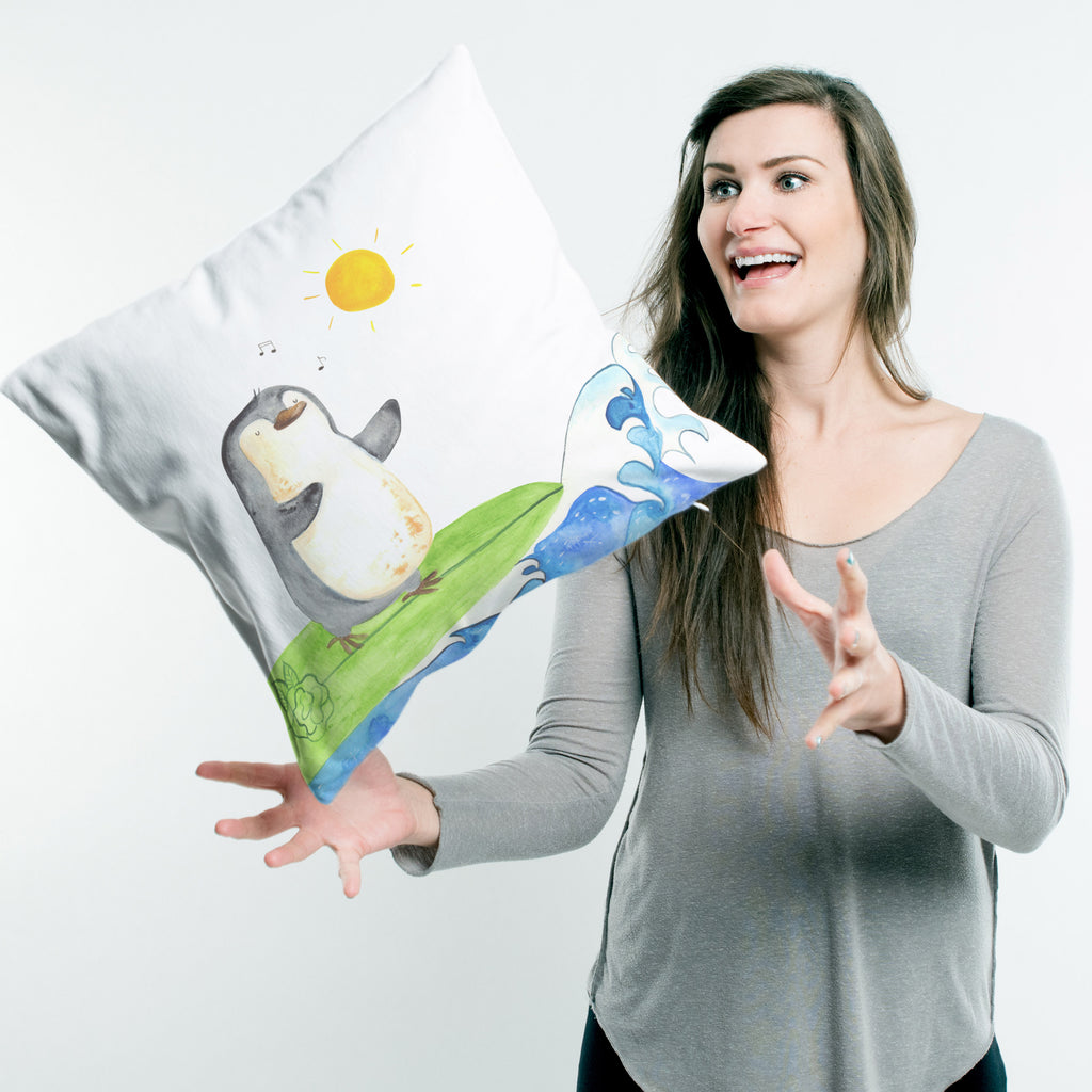 40x40 Kissen Pinguin Surfer Kissenhülle, Kopfkissen, Sofakissen, Dekokissen, Motivkissen, Pinguin, Pinguine, surfen, Surfer, Hawaii, Urlaub, Wellen, Wellen reiten, Portugal