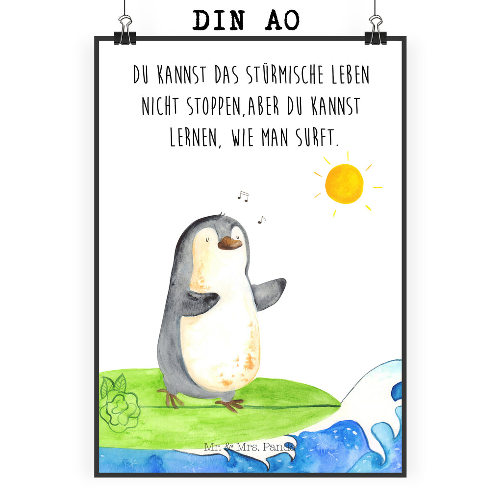 Poster Pinguin Surfer Poster, Wandposter, Bild, Wanddeko, Küchenposter, Kinderposter, Wanddeko Bild, Raumdekoration, Wanddekoration, Handgemaltes Poster, Mr. & Mrs. Panda Poster, Designposter, Kunstdruck, Posterdruck, Pinguin, Pinguine, surfen, Surfer, Hawaii, Urlaub, Wellen, Wellen reiten, Portugal