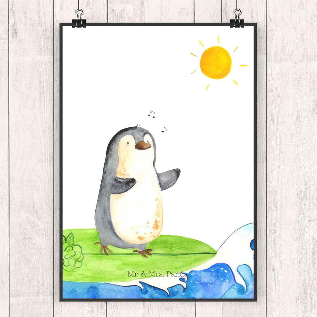 Poster Pinguin Surfer Poster, Wandposter, Bild, Wanddeko, Küchenposter, Kinderposter, Wanddeko Bild, Raumdekoration, Wanddekoration, Handgemaltes Poster, Mr. & Mrs. Panda Poster, Designposter, Kunstdruck, Posterdruck, Pinguin, Pinguine, surfen, Surfer, Hawaii, Urlaub, Wellen, Wellen reiten, Portugal