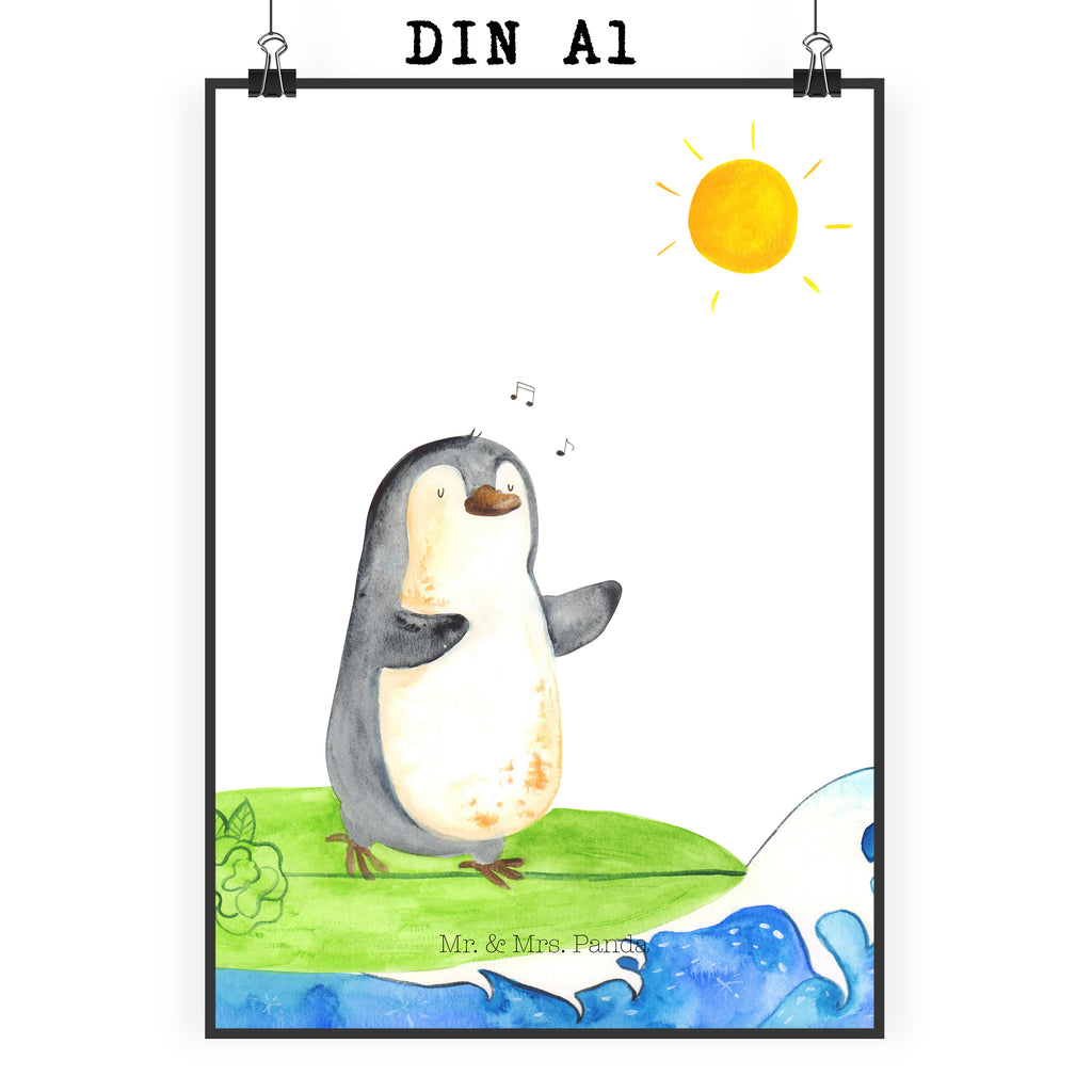 Poster Pinguin Surfer Poster, Wandposter, Bild, Wanddeko, Küchenposter, Kinderposter, Wanddeko Bild, Raumdekoration, Wanddekoration, Handgemaltes Poster, Mr. & Mrs. Panda Poster, Designposter, Kunstdruck, Posterdruck, Pinguin, Pinguine, surfen, Surfer, Hawaii, Urlaub, Wellen, Wellen reiten, Portugal