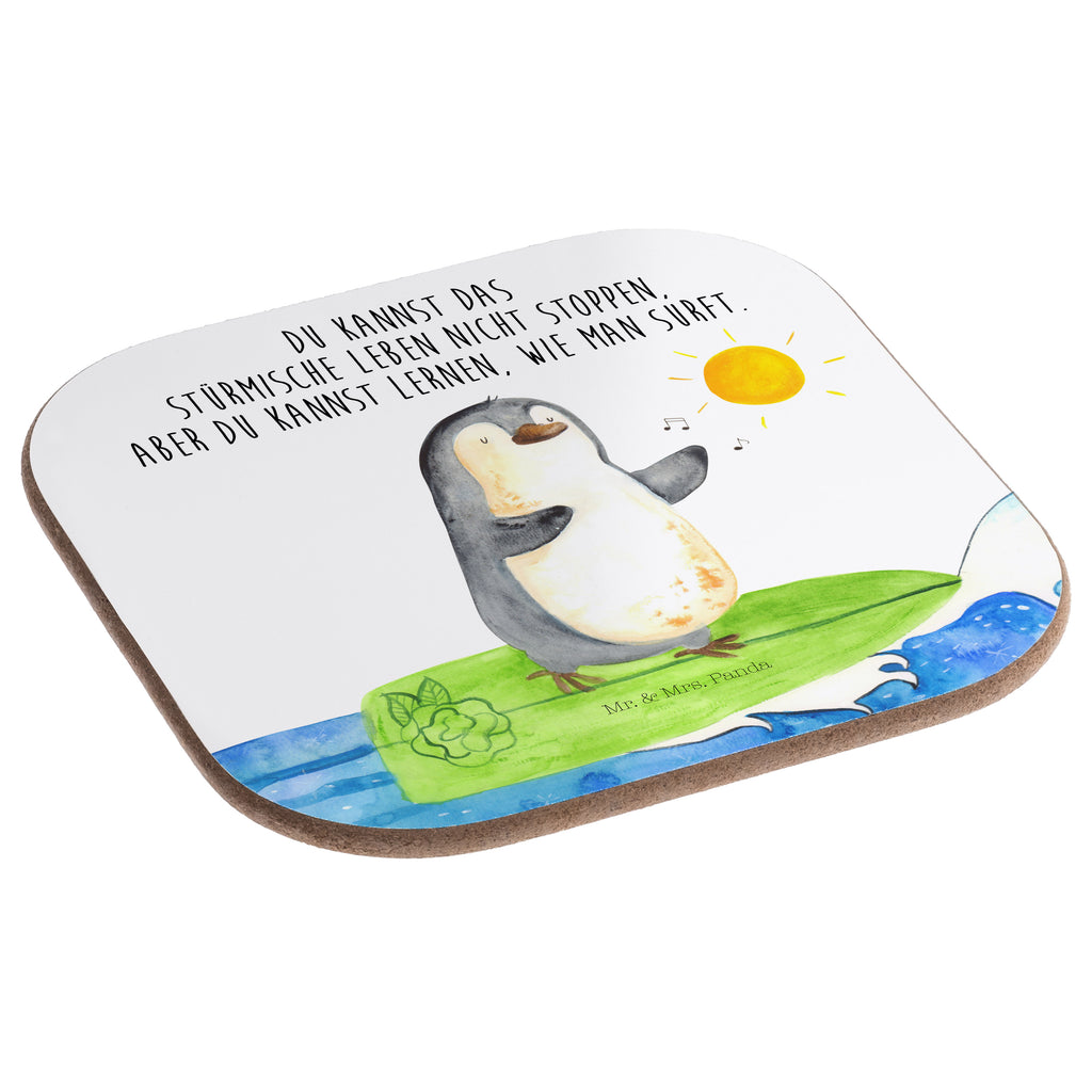 Quadratische Untersetzer Pinguin Surfer Bierdeckel, Glasuntersetzer, Untersetzer Gläser, Getränkeuntersetzer, Pinguin, Pinguine, surfen, Surfer, Hawaii, Urlaub, Wellen, Wellen reiten, Portugal
