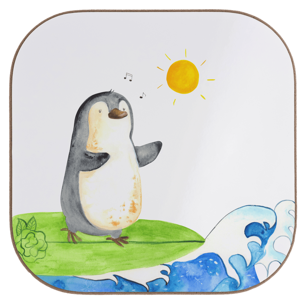 Quadratische Untersetzer Pinguin Surfer Bierdeckel, Glasuntersetzer, Untersetzer Gläser, Getränkeuntersetzer, Pinguin, Pinguine, surfen, Surfer, Hawaii, Urlaub, Wellen, Wellen reiten, Portugal