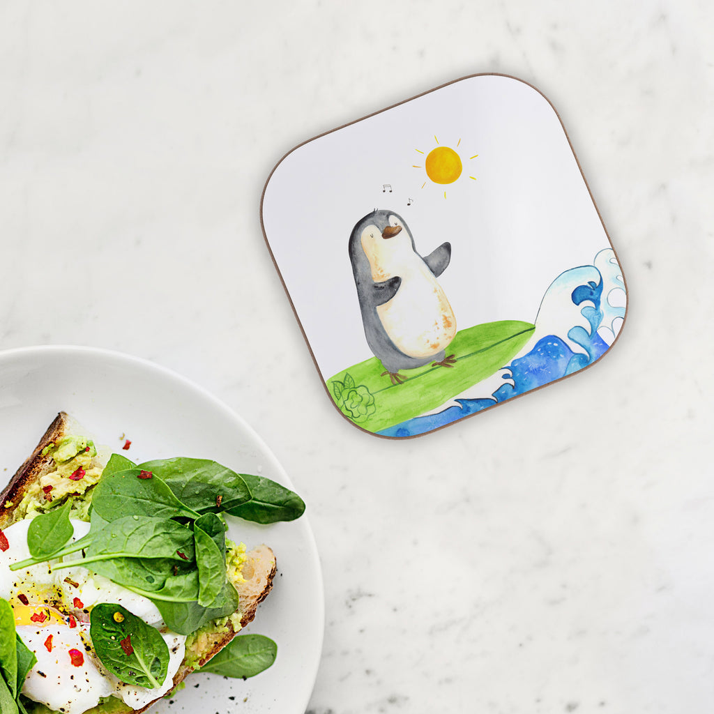 Quadratische Untersetzer Pinguin Surfer Bierdeckel, Glasuntersetzer, Untersetzer Gläser, Getränkeuntersetzer, Pinguin, Pinguine, surfen, Surfer, Hawaii, Urlaub, Wellen, Wellen reiten, Portugal