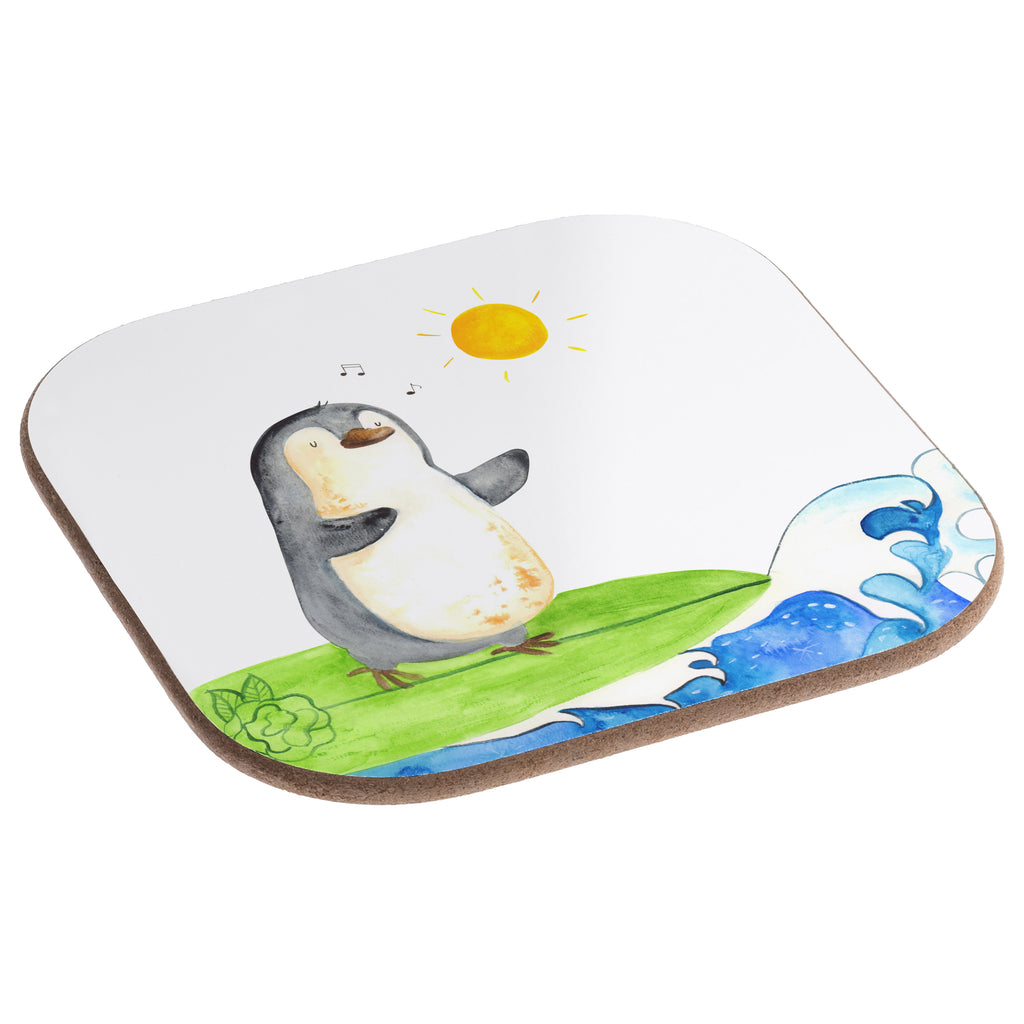 Quadratische Untersetzer Pinguin Surfer Bierdeckel, Glasuntersetzer, Untersetzer Gläser, Getränkeuntersetzer, Pinguin, Pinguine, surfen, Surfer, Hawaii, Urlaub, Wellen, Wellen reiten, Portugal