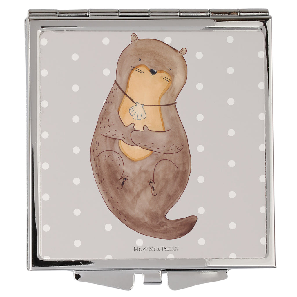 Handtaschenspiegel quadratisch Otter mit Muschelmedaillon Spiegel, Handtasche, Quadrat, silber, schminken, Schminkspiegel, Otter, Fischotter, Seeotter, Otterliebe, grübeln, träumen, Motivation, Tagträumen, Büro