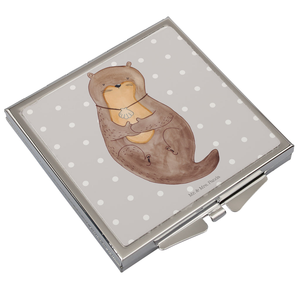 Handtaschenspiegel quadratisch Otter mit Muschelmedaillon Spiegel, Handtasche, Quadrat, silber, schminken, Schminkspiegel, Otter, Fischotter, Seeotter, Otterliebe, grübeln, träumen, Motivation, Tagträumen, Büro
