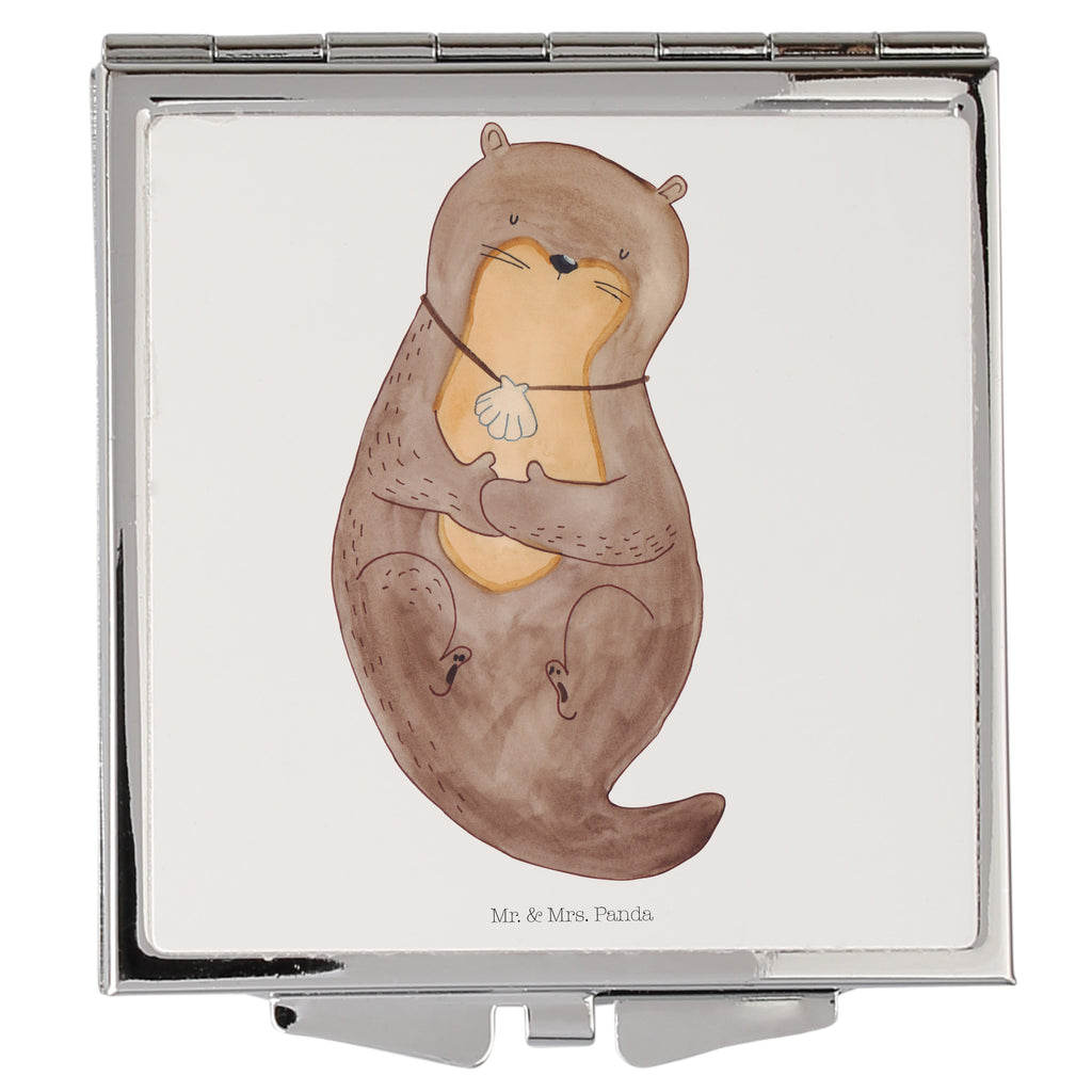 Handtaschenspiegel quadratisch Otter mit Muschelmedaillon Spiegel, Handtasche, Quadrat, silber, schminken, Schminkspiegel, Otter, Fischotter, Seeotter, Otterliebe, grübeln, träumen, Motivation, Tagträumen, Büro