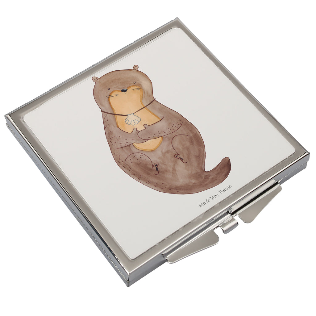 Handtaschenspiegel quadratisch Otter mit Muschelmedaillon Spiegel, Handtasche, Quadrat, silber, schminken, Schminkspiegel, Otter, Fischotter, Seeotter, Otterliebe, grübeln, träumen, Motivation, Tagträumen, Büro