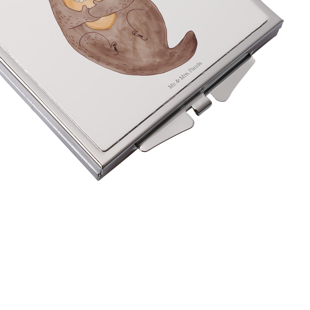 Handtaschenspiegel quadratisch Otter mit Muschelmedaillon Spiegel, Handtasche, Quadrat, silber, schminken, Schminkspiegel, Otter, Fischotter, Seeotter, Otterliebe, grübeln, träumen, Motivation, Tagträumen, Büro