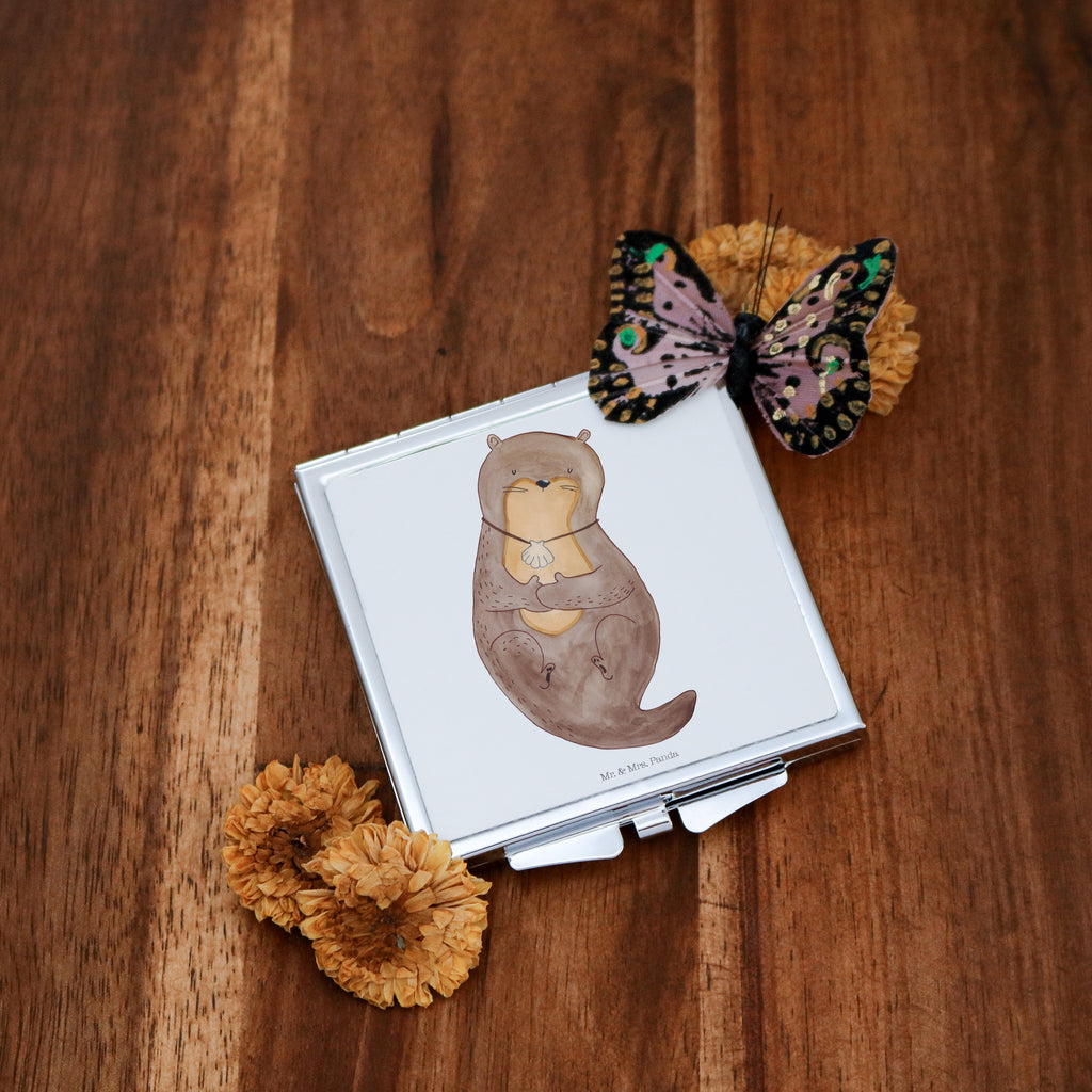 Handtaschenspiegel quadratisch Otter mit Muschelmedaillon Spiegel, Handtasche, Quadrat, silber, schminken, Schminkspiegel, Otter, Fischotter, Seeotter, Otterliebe, grübeln, träumen, Motivation, Tagträumen, Büro