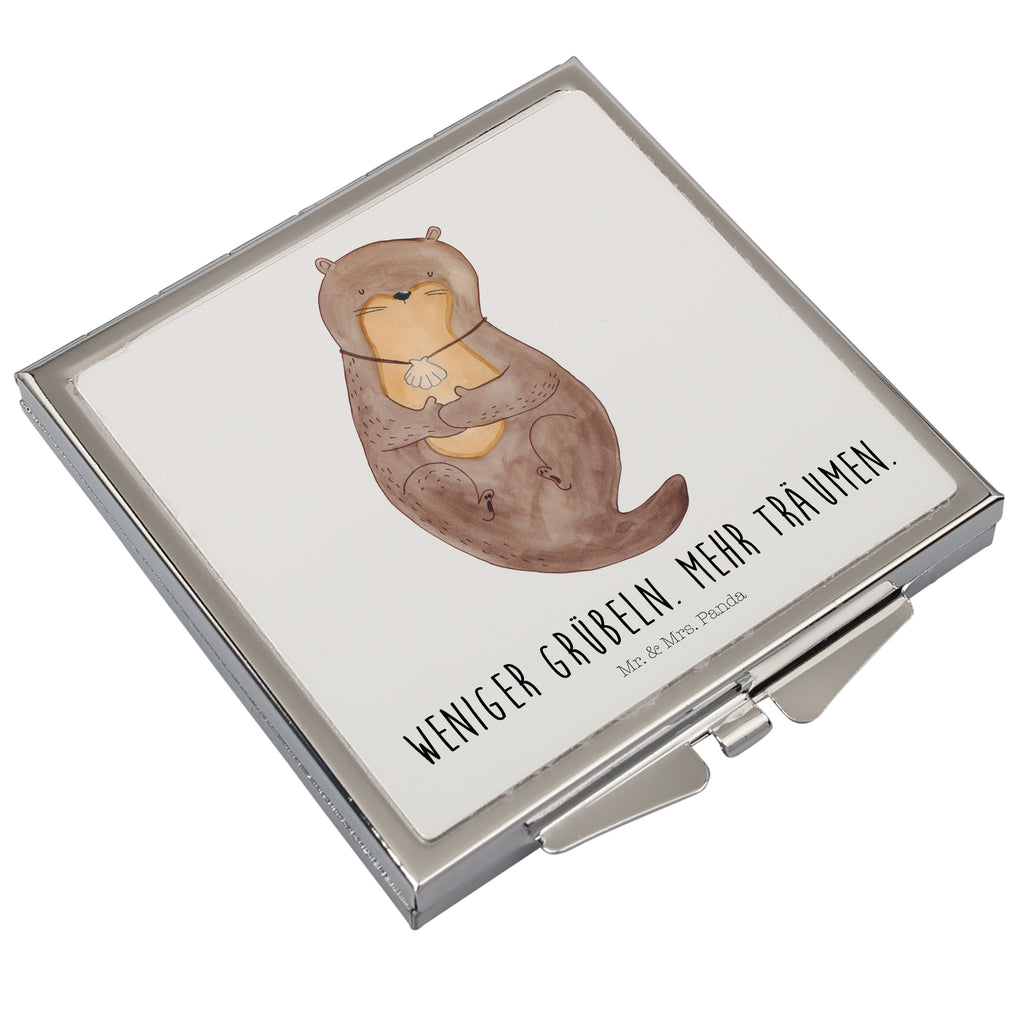 Handtaschenspiegel quadratisch Otter mit Muschelmedaillon Spiegel, Handtasche, Quadrat, silber, schminken, Schminkspiegel, Otter, Fischotter, Seeotter, Otterliebe, grübeln, träumen, Motivation, Tagträumen, Büro