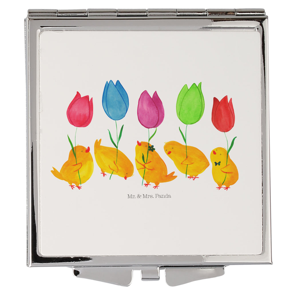 Handtaschenspiegel quadratisch Küken Parade Spiegel, Handtasche, Quadrat, silber, schminken, Schminkspiegel, Ostern, Osterhase, Ostergeschenke, Osternest, Osterdeko, Geschenk zu Ostern, Küken, Parade, Tulpen, Frohe Ostern, Ostergrüße, Blumen