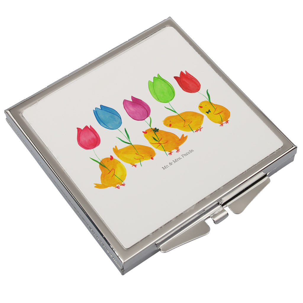 Handtaschenspiegel quadratisch Küken Parade Spiegel, Handtasche, Quadrat, silber, schminken, Schminkspiegel, Ostern, Osterhase, Ostergeschenke, Osternest, Osterdeko, Geschenk zu Ostern, Küken, Parade, Tulpen, Frohe Ostern, Ostergrüße, Blumen