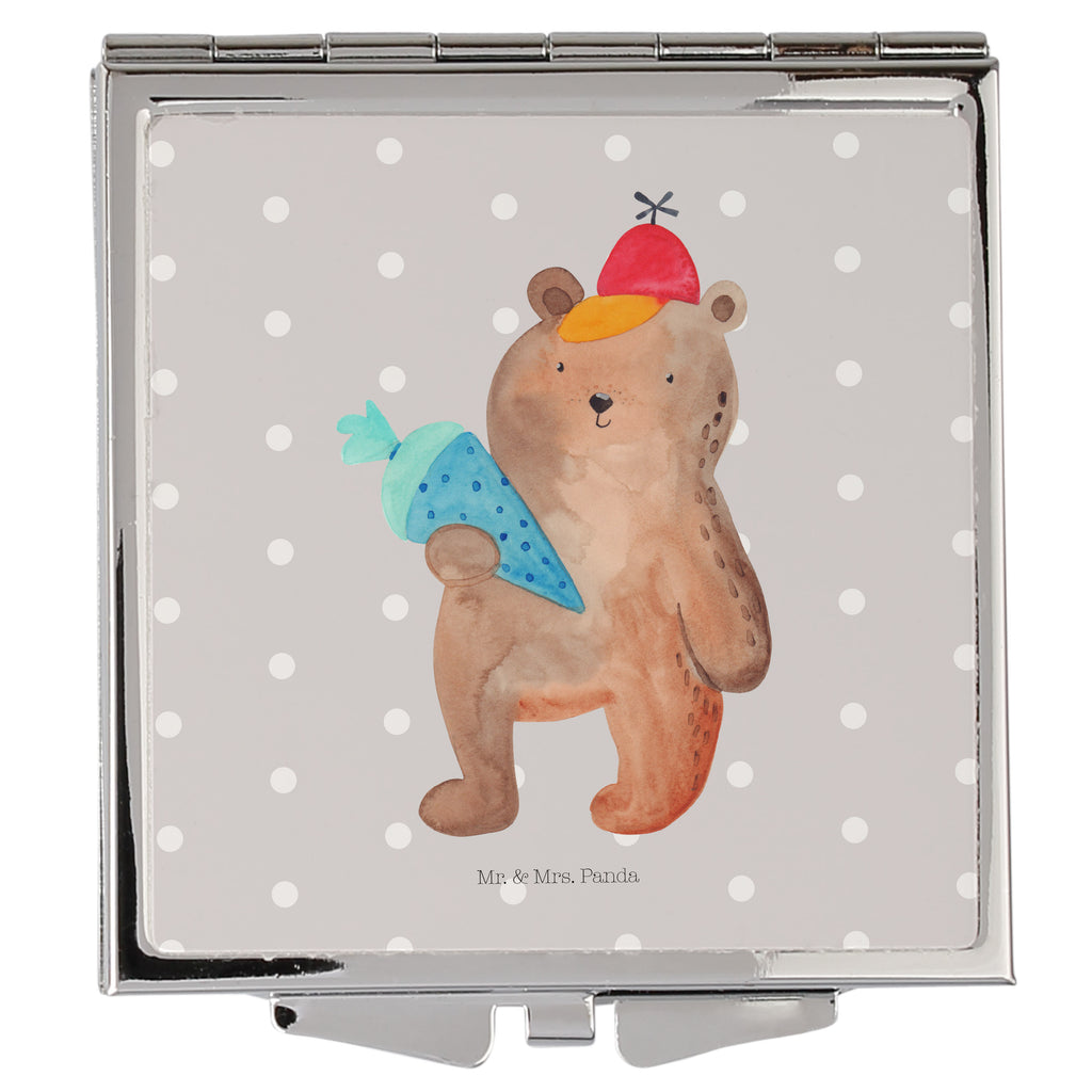 Handtaschenspiegel quadratisch Bär mit Schultüte Spiegel, Handtasche, Quadrat, silber, schminken, Schminkspiegel, Bär, Teddy, Teddybär, Bär Motiv, Schultüte, Erster Schultag Geschenk, Einschulung Geschenk, Schule Geschenk, Grundschule, Schulanfang, Schulbeginn