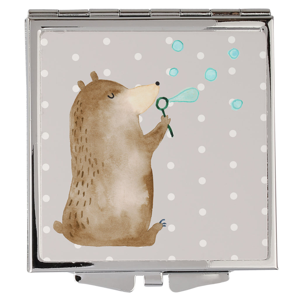 Handtaschenspiegel quadratisch Bär Seifenblasen Spiegel, Handtasche, Quadrat, silber, schminken, Schminkspiegel, Bär, Teddy, Teddybär, Seifenblasen Bär Lustig Sein Glücklich Traurig Happy