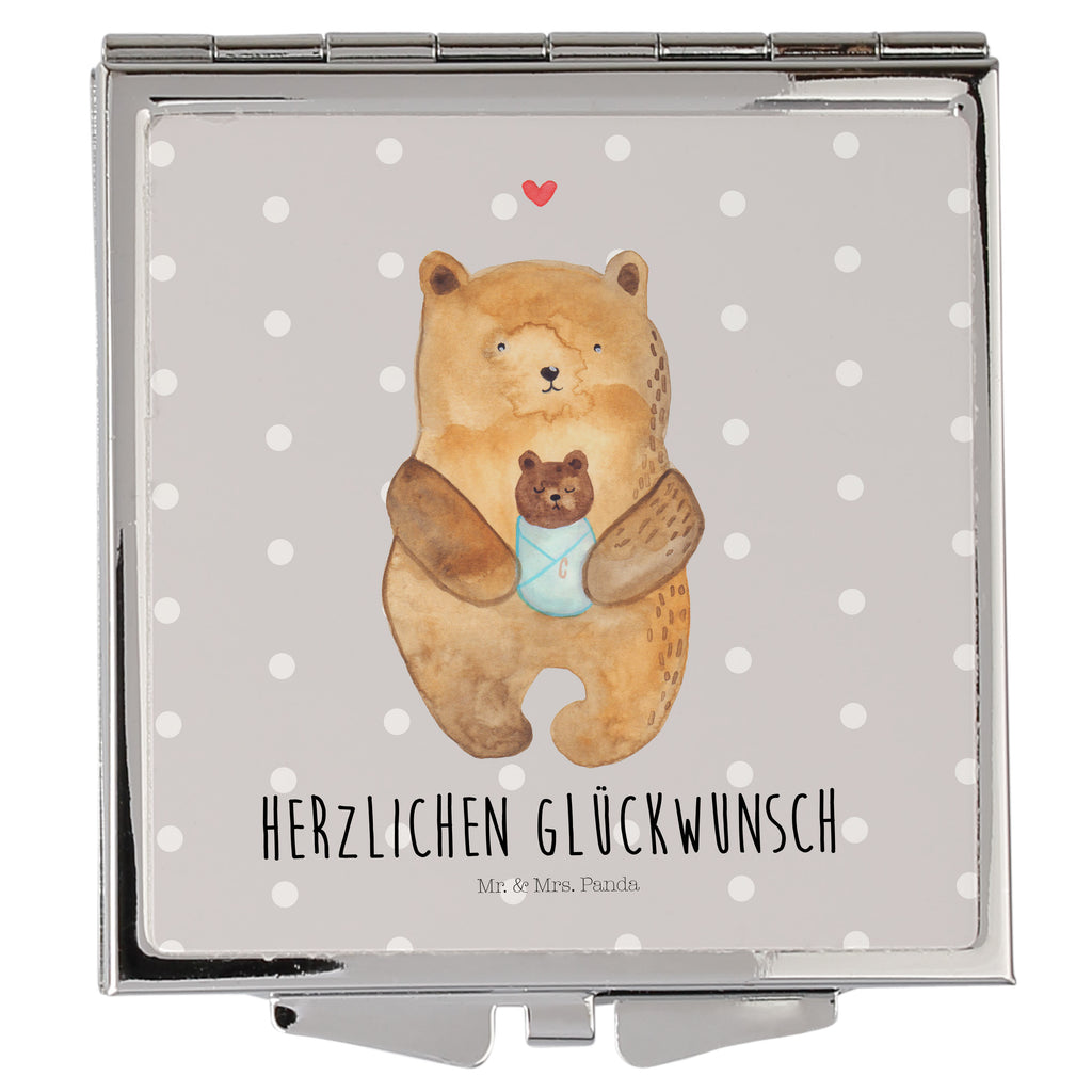 Handtaschenspiegel quadratisch Bär mit Baby Spiegel, Handtasche, Quadrat, silber, schminken, Schminkspiegel, Bär, Teddy, Teddybär, Eltern, Mutter, Baby, Taufe, Geburt, Nichte, Neffe, Enkel, Enkelin, Täufling, Geburtstag, Glückwunsch