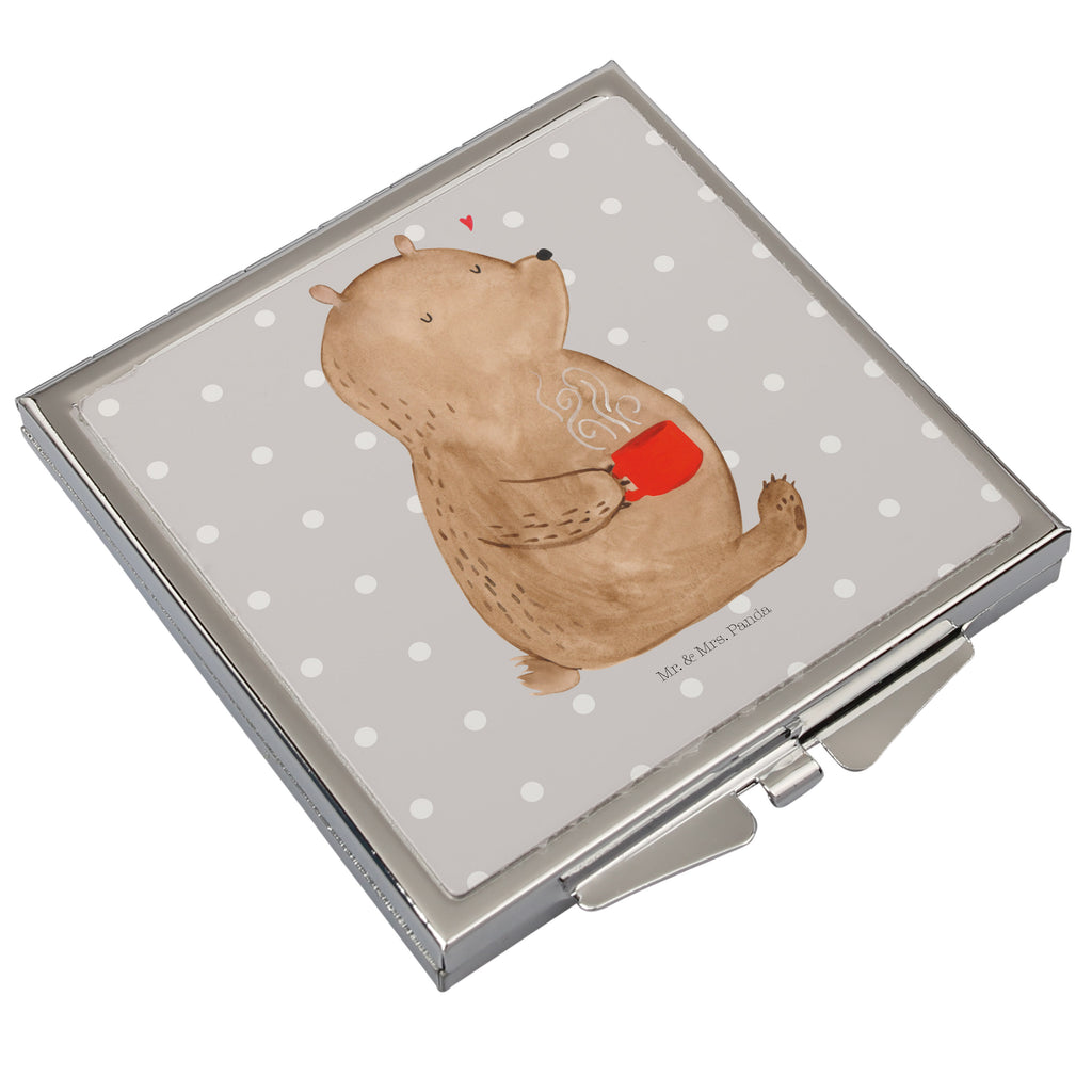 Handtaschenspiegel quadratisch Bär Kaffee Spiegel, Handtasche, Quadrat, silber, schminken, Schminkspiegel, Bär, Teddy, Teddybär, Kaffee, Coffee, Bären, guten Morgen, Morgenroutine, Welt erobern, Welt retten, Motivation