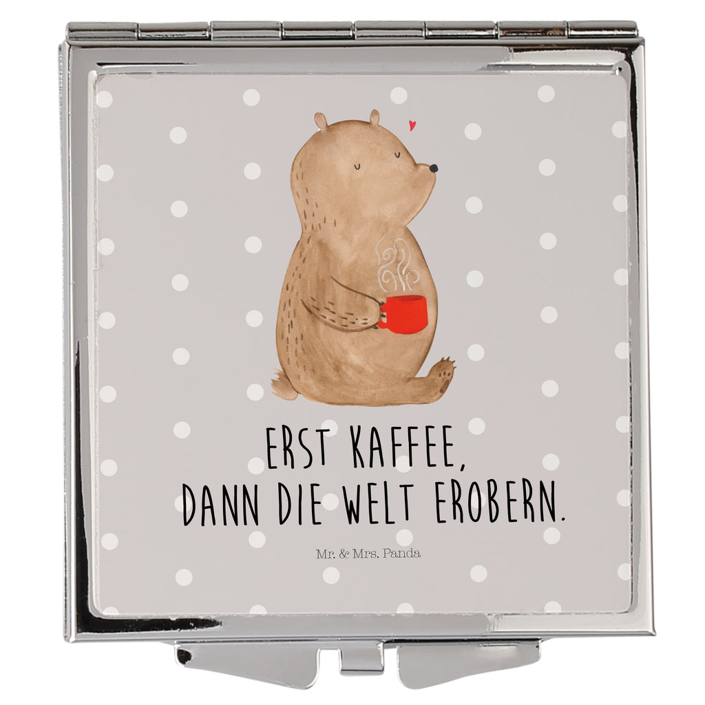 Handtaschenspiegel quadratisch Bär Kaffee Spiegel, Handtasche, Quadrat, silber, schminken, Schminkspiegel, Bär, Teddy, Teddybär, Kaffee, Coffee, Bären, guten Morgen, Morgenroutine, Welt erobern, Welt retten, Motivation