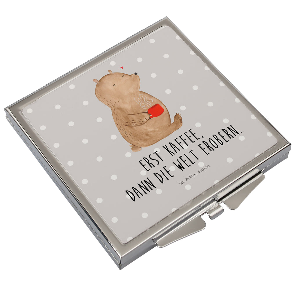 Handtaschenspiegel quadratisch Bär Kaffee Spiegel, Handtasche, Quadrat, silber, schminken, Schminkspiegel, Bär, Teddy, Teddybär, Kaffee, Coffee, Bären, guten Morgen, Morgenroutine, Welt erobern, Welt retten, Motivation