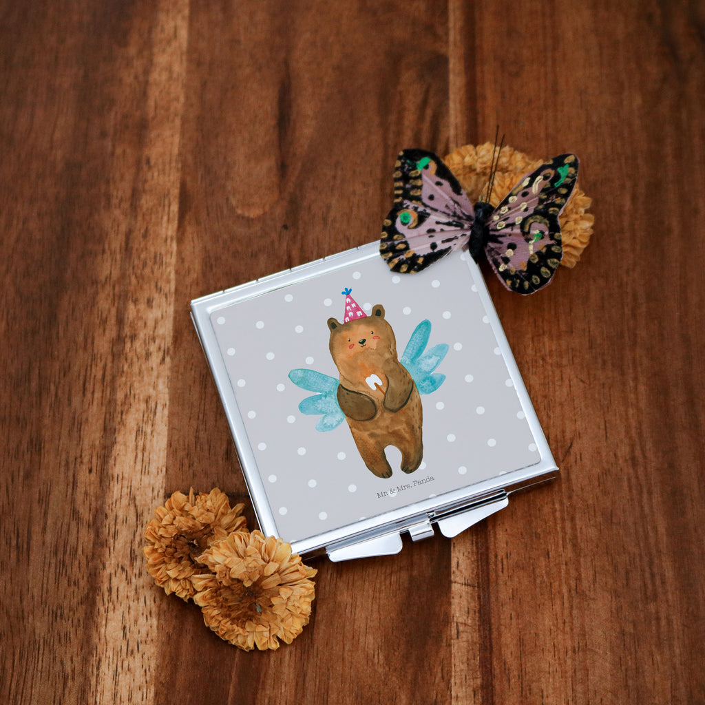 Handtaschenspiegel quadratisch Zahnfee Bär Spiegel, Handtasche, Quadrat, silber, schminken, Schminkspiegel, Bär, Teddy, Teddybär, Zahnfee, Fee, Milchzahn, Erster Zahn