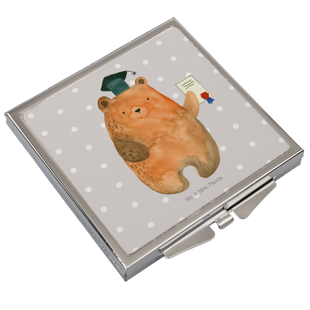 Handtaschenspiegel quadratisch Prüfungsbär Spiegel, Handtasche, Quadrat, silber, schminken, Schminkspiegel, Bär, Teddy, Teddybär, Abitur, Prüfungen, Prüfung bestanden, Abschluss, Zeugnis, Abschlusszeugnis