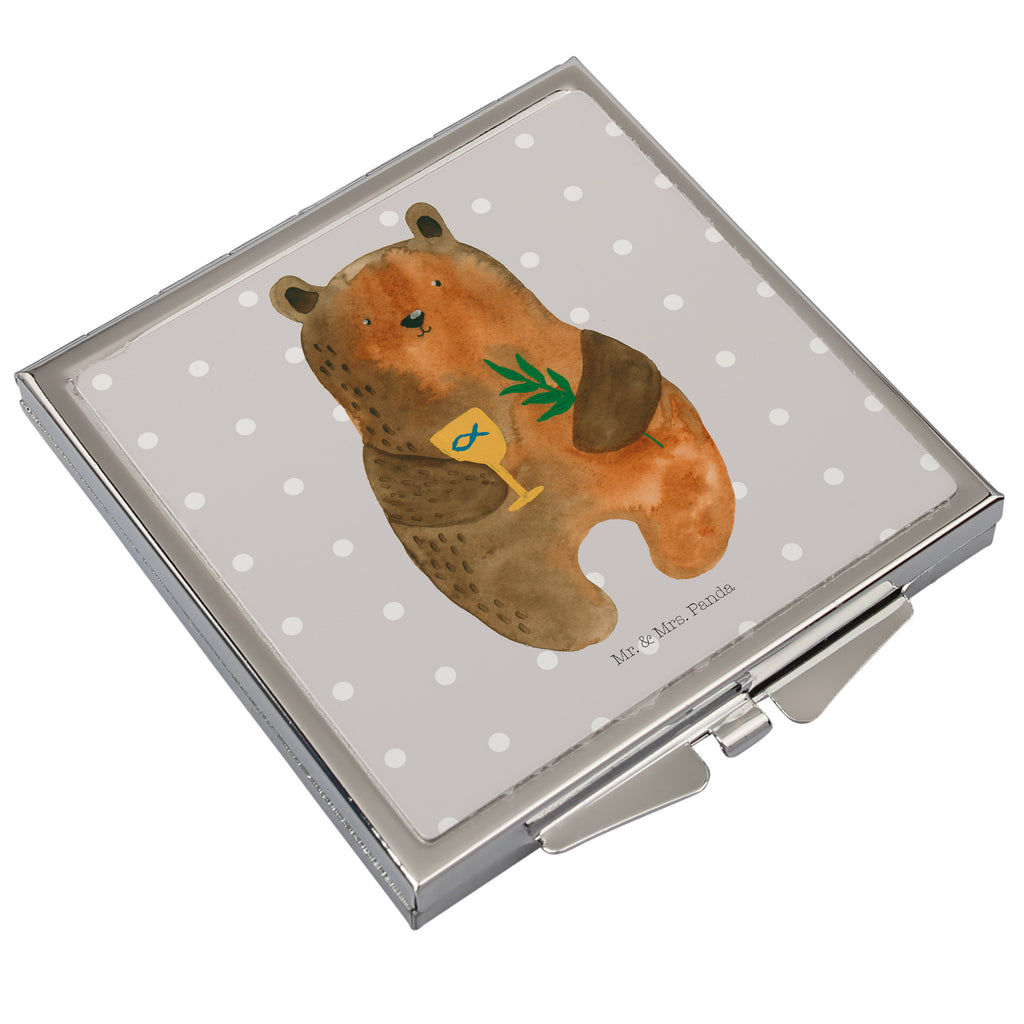 Handtaschenspiegel quadratisch Konfirmation-Bär Spiegel, Handtasche, Quadrat, silber, schminken, Schminkspiegel, Bär, Teddy, Teddybär, Konfirmation, Kirche, evangelisch, Gottesdienst